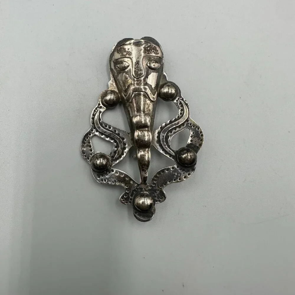 Vintage Mask Brooch Sterling Silver Tribal Face Figural Abstract Ethnic Artisan